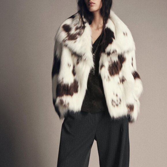 ZARA ZW COLLECTION FAUX FUR JACKET LIMITED EDITION ANIMAL COW PRINT SIZE S NWT - Picture 6 of 15